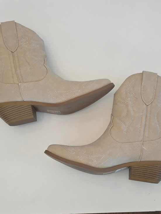 Beige Cowgirl Ankle Boots Embroidered  Western Toe Block Heel Coachella - Picture 2 of 7